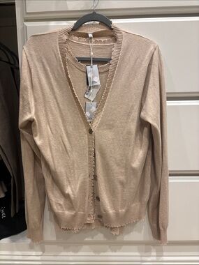 Women's Beige Button-Up Distressed Trim Cardigan